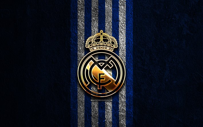real madridin kultainen logo, 4k, sininen kivi tausta, la liga, espanjalainen jalkapalloseura, real madridin logo, jalkapallo, real madridin tunnus, laliga, real madrid cf, real madrid fc