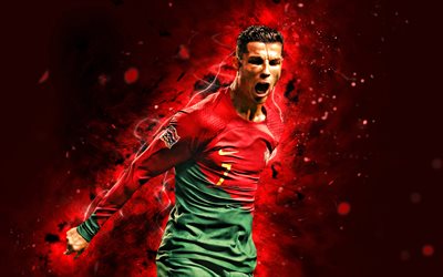 Cristiano Ronaldo, 4k, 2022, red neon lights, Portugal National Football Team, CR7, soccer, footballers, red abstract background, Portuguese football team, Cristiano Ronaldo 4K