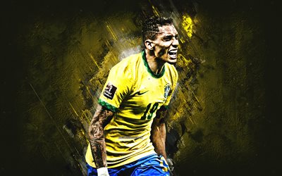 Raphinha, Brazil national football team, portrait, brazilian football player, yellow stone background, football, Brazil, Raphael Dias Belloli