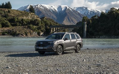 guardabosques, 4k, río, 2026 autos, suvs, fuera de la carretera, nz spec, gray subaru forester, 2025 subaru forester, autos japoneses, subaru