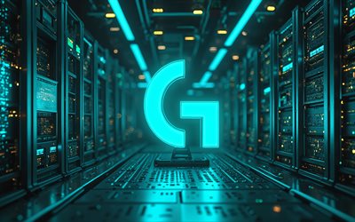 4k, logitech turquoise neon logo, œuvres d'art, marques électroniques, racks de données, bokeh, nuit, logitech logo, logo des marques, logitech neon logo, logitech, marques, logitech turquoise logo