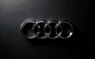 logotipo de audi chrome, 4k, fondo de piedra negra, logotipo de audi metal, audi emblema, logotipo de audi, autos alemanes, audi