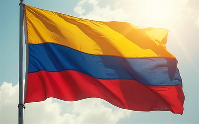 Colombian flag, 4k, evening, sunset, Flag of Colombia, Colombian flag against the sky, Colombian national symbols, Colombia, Colombian flag on flagpole, Colombian flag in the wind
