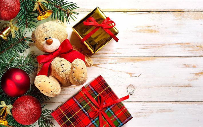 Noel, 4k, X-mas dekorasyon, topları, hediyeler, oyuncak ayı