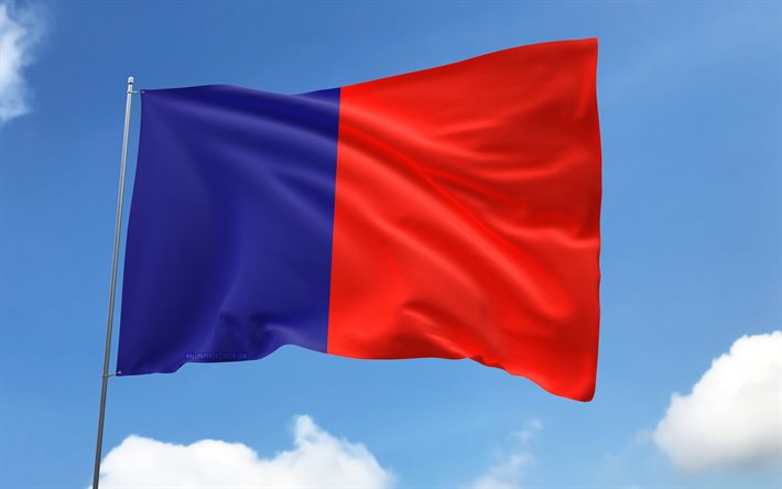 drapeau cagliari sur le mât, 4k, villes italiennes, ciel bleu, drapeau de cagliari, drapeaux satin ondulés, villes d'italie, mât avec drapeau, jour de cagliari, italie, cagliari