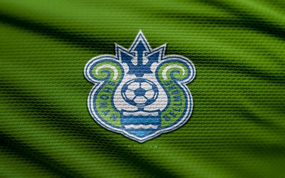 shonan bellmare fabric logo, 4k, contexte de tissu vert, ligue j1, bokeh, football, logo shonan bellmare, shonan bellmare emblem, shonan bellmare, club de football japonais, shonan bellmare fc