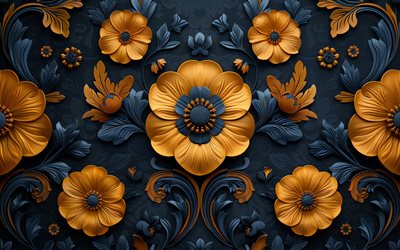 yellow 3D flowers, 4k, artwork, 3D floral patterns, floral backgrounds, creative, 3D flowers, background with flowers
