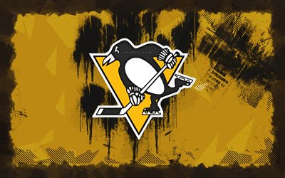pittsburgh penguins grunge logo, 4k, nhl, fundo grunge amarelo, hóquei, emblema de pittsburgh penguins, logotipo pittsburgh penguins, american hockey club, pittsburgh penguins