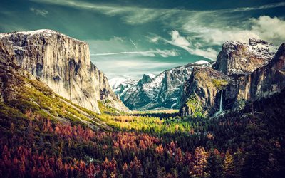 yosemite vadisi, 4k, sonbahar, hdr, amerika, yosemite milli parkı, sonbahar ağaçları, sonbahar manzaraları, kaya, dağ manzarası, kaliforniya, amerikan