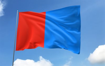 bandera de catania en la bandera, 4k, ciudades italianas, cielo azul, bandera de catania, banderas de satén ondulados, ciudades de italia, asta de bandera con banderas, día de catania, italia, catania