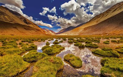 ladakh, montanha, vale, nuvens, jammu e caxemira, índia