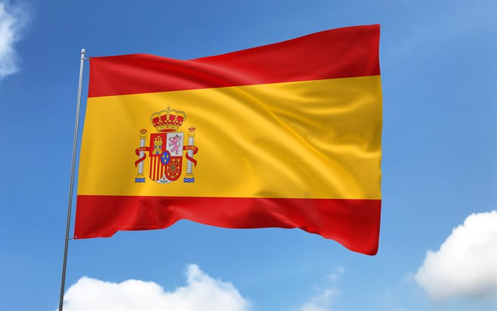 bayrak direğinde ispanya bayrağı, 4k, avrupa ülkeleri, mavi gökyüzü, ispanya bayrağı, dalgalı saten bayraklar, ispanyol bayrağı, ispanyol ulusal sembolleri, bayraklı bayrak direği, ispanya günü, avrupa, ispanya