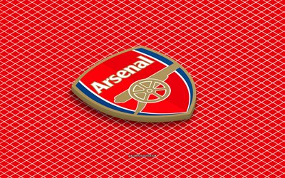 4k, Arsenal FC isometric logo, 3d art, English football club, isometric art, Arsenal FC, red background, Premier League, England, football, isometric emblem, Arsenal FC logo