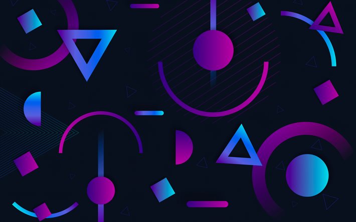 4k, 紫青の図形の背景, 紫色の三角形の背景, ネオンライトの背景, 幾何学的な抽象化の背景, サークル, 三角形, 創造的な紫色の背景