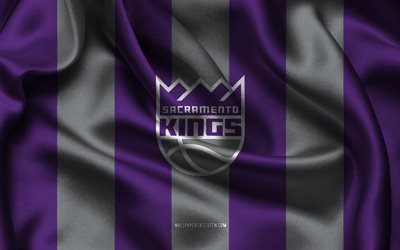 4k, logotipo de los reyes de sacramento, tela de seda gris púrpura, equipo de baloncesto americano, emblema de los reyes de sacramento, nba, reyes de sacramento, eeuu, baloncesto, bandera de los reyes de sacramento