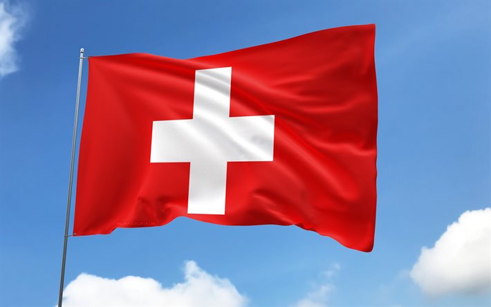 Switzerland flag on flagpole, 4K, European countries, blue sky, flag of Spain, wavy satin flags, Swiss flag, Swiss national symbols, flagpole with flags, Day of Switzerland, Europe, Switzerland flag, Switzerland