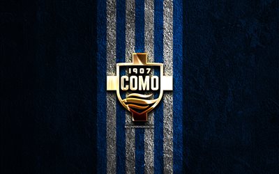 como 1907 logo dorado, 4k, fondo de piedra azul, serie b, club de fútbol italiano, logotipo de como 1907, fútbol, emblema de como 1907, como 1907, como fc