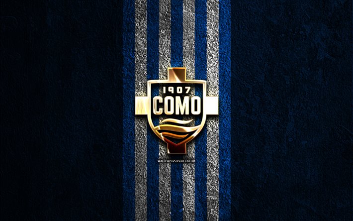 شعار como 1907 الذهبي, 4k, الحجر الأزرق الخلفية, سيري ب, نادي كرة القدم الإيطالي, شعار como 1907, كرة القدم, شعار كومو 1907, كومو 1907, كومو إف سي