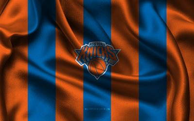 4k, logo dei new york knicks, tessuto di seta arancione blu, squadra di basket americana, emblema dei new york knicks, nba, new york knicks, stati uniti d'america, pallacanestro, bandiera dei new york knicks