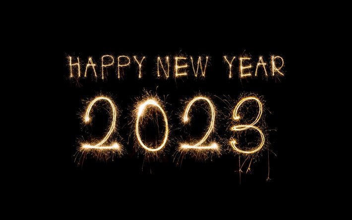 Happy New Year 2023, black background, 2023 sparkles background, 2023 concepts, 2023 Happy New Year, 2023 greeting card, 2023 fireworks background