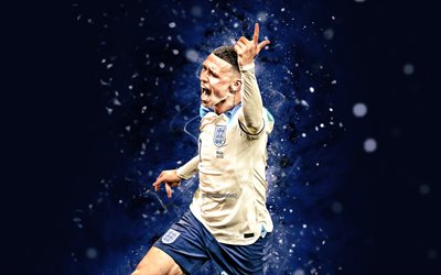 phil foden, 4k, luzes neon azuis, seleção inglesa de futebol, futebol, jogadores de futebol, fundo abstrato azul, time de futebol inglês, phil foden 4k