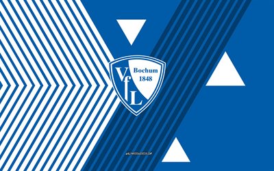 logo vfl bochum, 4k, équipe allemande de football, fond de lignes blanches bleues, vfl bochum, bundesliga, allemagne, dessin au trait, emblème du vfl bochum, football