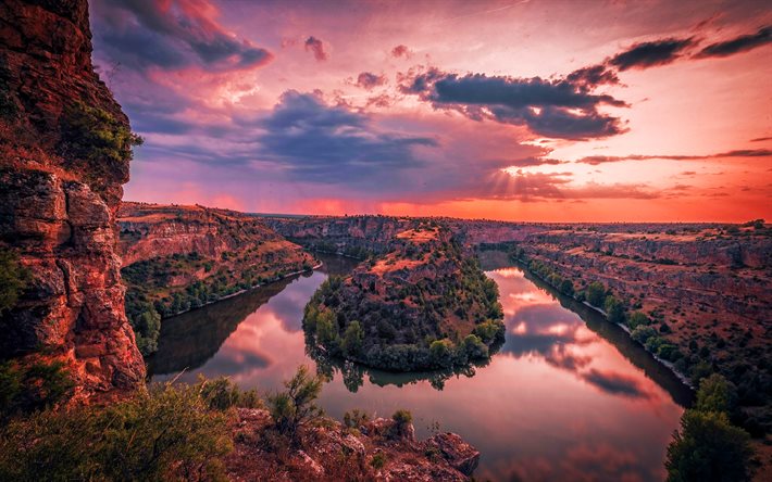 Duraton River, canyon, crimson sunset, spanish landmarks, Hoces del Rio Duraton Natural Park, Segovia, Spain, Europe, beautiful nature