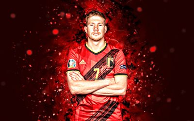 Kevin De Bruyne, 4k, red neon lights, Belgium National Team, soccer, footballers, red abstract background, Belgian football team, Kevin De Bruyne 4K