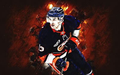 Mathew Barzal, New York Islanders, Canadian hockey player, orange stone background, hockey, USA, NHL