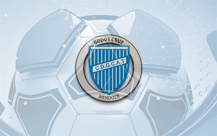 godoy cruz の光沢のあるロゴ, 4k, 青いサッカーの背景, リーガプロフェッショナル, サッカー, アルゼンチン サッカー クラブ, ゴドイ・クルスのロゴ, ゴドイ・クルスの紋章, ゴドイ・クルスfc, フットボール, スポーツのロゴ, ゴドイ・クルス・アントニオ・トンバ