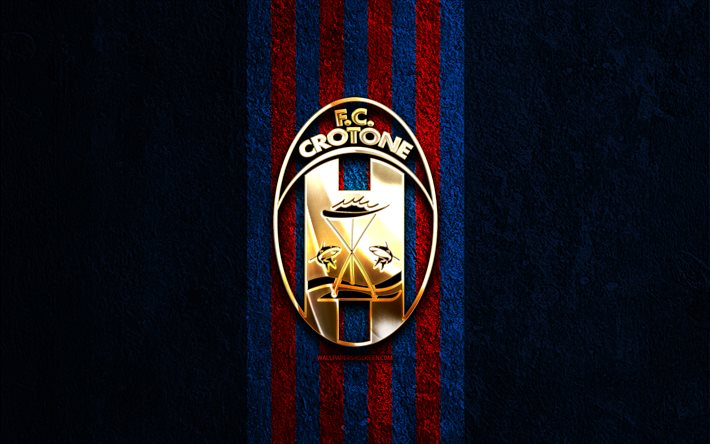 FC Crotone golden logo, 4k, blue stone background, Serie B, Italian football club, FC Crotone logo, soccer, FC Crotone emblem, FC Crotone, football, Crotone FC