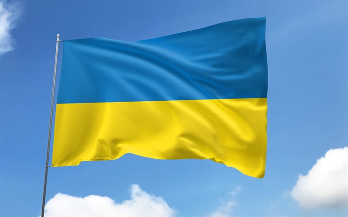 Ukraine flag on flagpole, 4K, European countries, blue sky, flag of Ukraine, wavy satin flags, Ukrainian flag, Ukrainian national symbols, flagpole with flags, Day of Ukraine, Europe, Ukraine flag, Ukraine