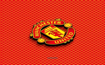 4k, Manchester United FC isometric logo, 3d art, English football club, isometric art, Manchester United FC, red background, Premier League, England, football, isometric emblem, Manchester United FC logo