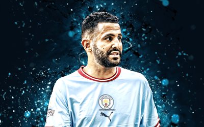 Riyad Mahrez, 4k, 2022, Manchester City FC, blue neon lights, Algerian footballers, soccer, Premier League, Riyad Mahrez 4K, football, Man City, blue abstract background, Riyad Mahrez Manchester City