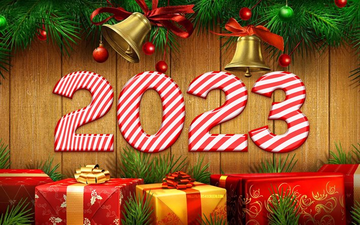 4k, 2023 hyvää uutta vuotta, karkkia 3d numeroita, lahjalaatikoita, joulukehykset, 2023 konseptit, joulukoristeita, 2023 3d numerot, hyvää uutta vuotta 2023, luova, 2023 karkkinumeroa, 2023 puinen tausta, 2023 vuosi