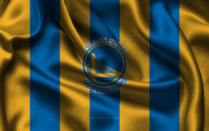 4k, Golden State Warriors logo, blue yellow silk fabric, American basketball team, Golden State Warriors emblem, NBA, Golden State Warriors, USA, basketball, Golden State Warriors flag