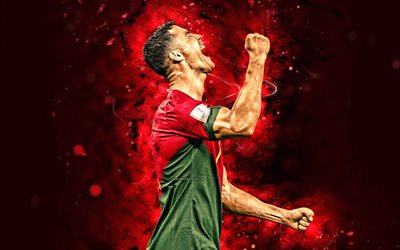 4k, Cristiano Ronaldo, goal, 2022, red neon lights, Portugal National Football Team, CR7, soccer, joy, footballers, red abstract background, Portuguese football team, Cristiano Ronaldo 4K