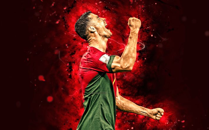 4k, cristiano ronaldo, päämäärä, 2022, punaiset neonvalot, portugalin jalkapallomaajoukkue, cr7, jalkapallo, ilo, jalkapalloilijat, punainen abstrakti tausta, cristiano ronaldo 4k