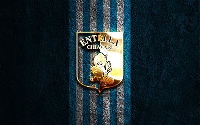Virtus Entella golden logo, 4k, blue stone background, Serie B, Italian football club, Virtus Entella logo, soccer, Virtus Entella emblem, ACD Virtus Entella, football, Entella FC