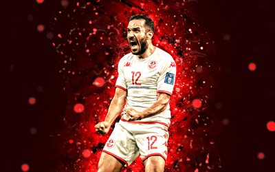 ali maaloul, 4k, néons rouges, équipe de tunisie de football, football, footballeurs, fond abstrait rouge, équipe tunisienne de football, ali maaloul 4k
