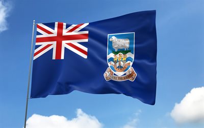 Falkland Islands flag on flagpole, 4K, South American countries, blue sky, flag of Falkland Islands, wavy satin flags, Falkland Islands flag, Falkland Islands national symbols, flagpole with flags, Day of Falkland Islands, South America, Falkland Islands