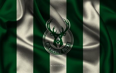 4k, il logo dei milwaukee bucks, tessuto di seta verde, squadra di basket americana, stemma dei milwaukee bucks, nba, milwaukee bucks, stati uniti d'america, pallacanestro, bandiera dei milwaukee bucks