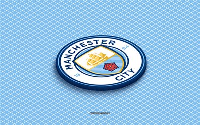 4k, Manchester City FC isometric logo, 3d art, English football club, isometric art, Manchester City FC, blue background, Premier League, England, football, isometric emblem, Manchester City FC logo