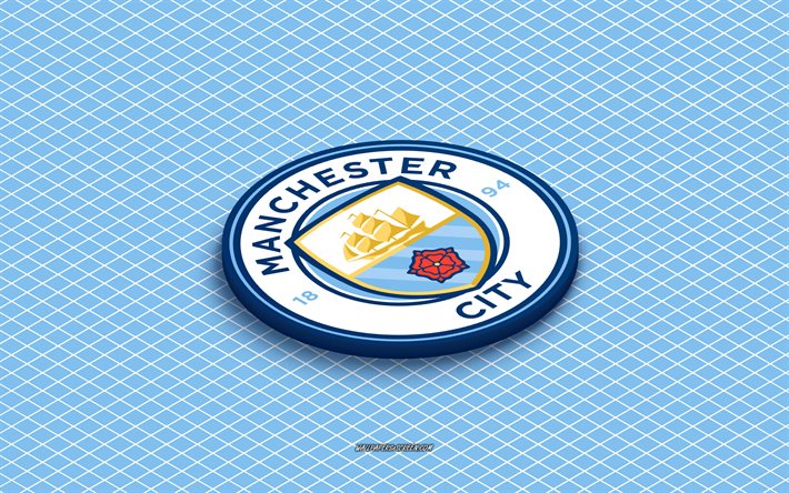 4k, manchester city fc:n isometrinen logo, 3d taidetta, englantilainen jalkapalloseura, isometrinen taide, manchester city fc, sininen tausta, valioliiga, englanti, jalkapallo, isometrinen tunnus, manchester city fc  logo