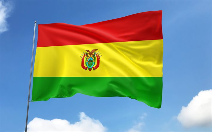 bandeira da bolívia no mastro, 4k, países da américa do sul, céu azul, bandeira da bolívia, bandeiras de cetim onduladas, bandeira boliviana, símbolos nacionais bolivianos, mastro com bandeiras, dia da bolívia, américa do sul, bolívia
