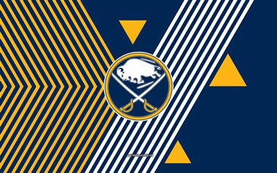 logo des sabres de buffalo, 4k, équipe américaine de hockey, fond de lignes bleues jaunes, sabres de bison, lnh, etats unis, dessin au trait, emblème des sabres de buffalo, le hockey