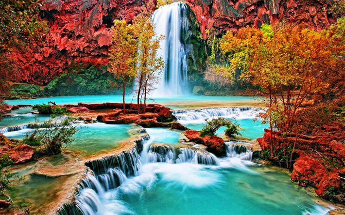 Roraima Falls, turquoise water, waterfalls, Venezuelan landmarks, rocks, Mount Roraima, Venezuela, South America, HDR