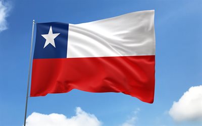 Chile flag on flagpole, 4K, South American countries, blue sky, flag of Chile, wavy satin flags, Chilean flag, Chilean national symbols, flagpole with flags, Day of Chile, South America, Chile flag, Chile
