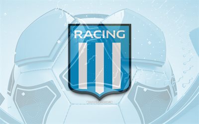 racing clubin kiiltävä logo, 4k, sininen jalkapallo tausta, liga professional, jalkapallo, argentiinalainen jalkapalloseura, racing clubin 3d logo, racing clubin tunnus, racing club fc, urheilun logo, racing clubin logo, racing club