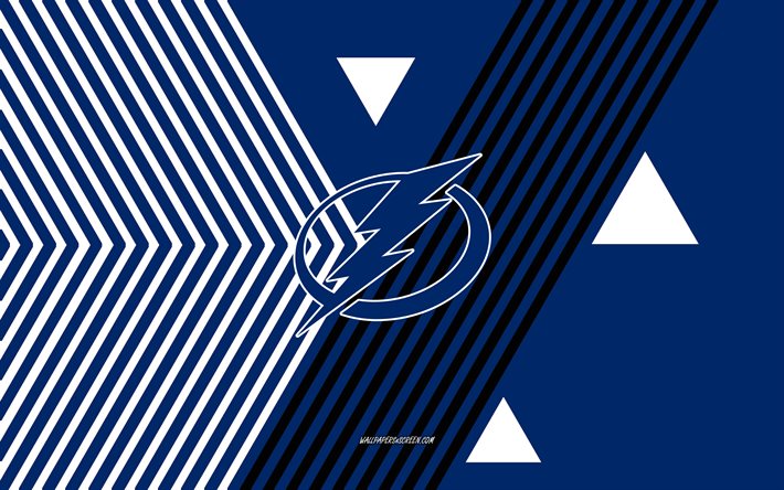 logo de l'éclair de tampa bay, 4k, équipe américaine de hockey, fond de lignes bleues blanches, foudre de tampa bay, lnh, etats unis, dessin au trait, emblème du lightning de tampa bay, le hockey
